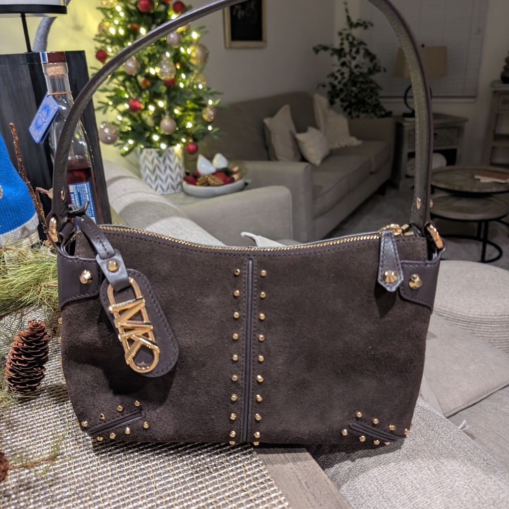 Michael Kors Chocolate Brown Suede Shoulder Bag with Gold Accents